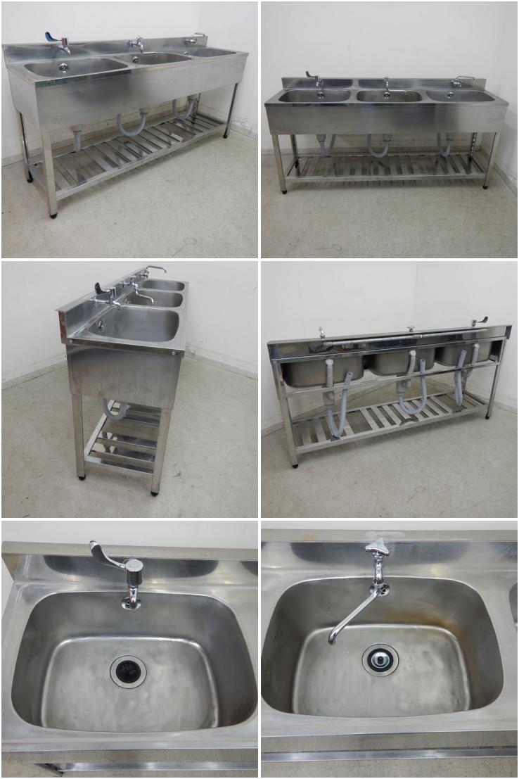 中古】 A03541 3槽シンク 蛇口3個付き W1800×D465×H800(+92)mm 蛇口は