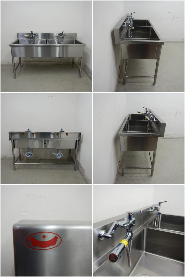 中古】 A06208 2槽シンク 3方枠 シャワー水栓(TOTO)付き マルゼン