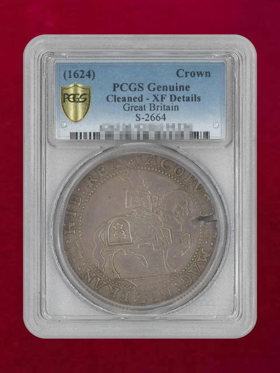 イギリス】クラウン 銀貨 1624 PCGS Genuine Cleaned-XF Details［B