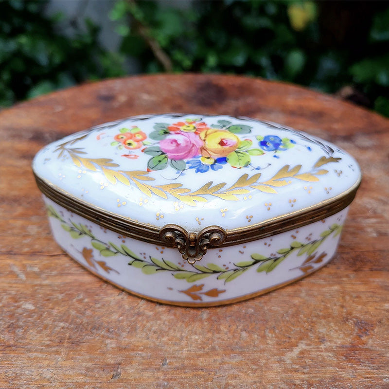 菱形手描きトリンケットBOX 小物入れ 花模様 陶器 フランス