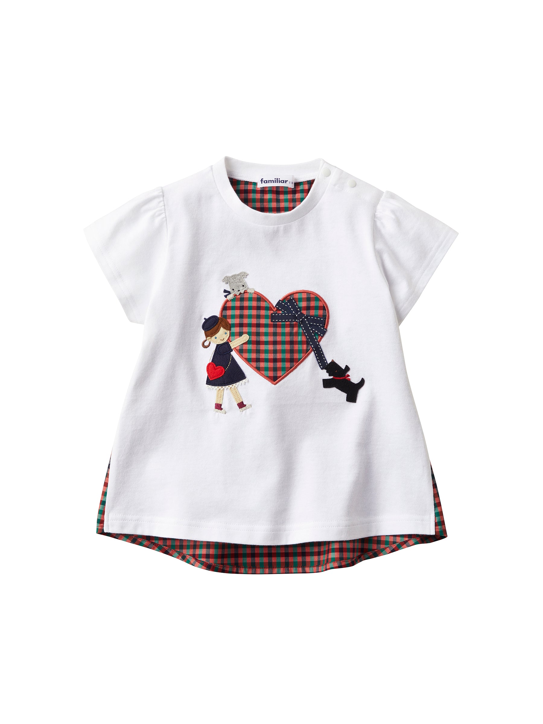 ファミリアfamilia チェック✖️ホワイト切り替えハートモチーフT