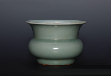 南宋時代 龍泉窯 梅子青 青磁弦文盤口瓶 花入 花瓶 茶道具(