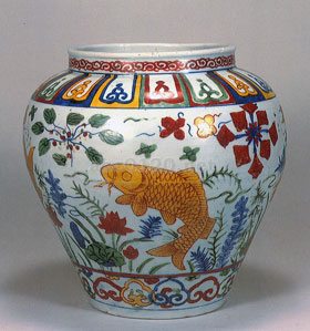 五彩魚藻紋蓋罐 景徳鎮窯 北京故宮博物院 秘蔵 監製証明書付