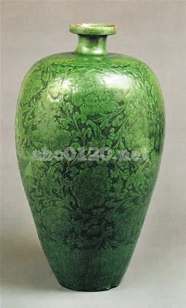 壺屋焼 緑釉唐草掻き落とし 大壺 壺屋焼 緑釉唐草掻き落とし 大壺
