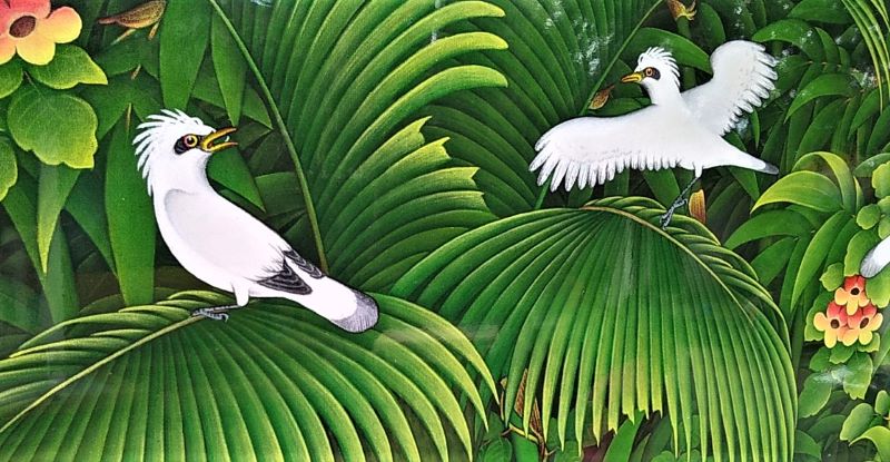大きめ バリアート プンゴセカン バリ島 絵画 自然 鳥 花 アート
