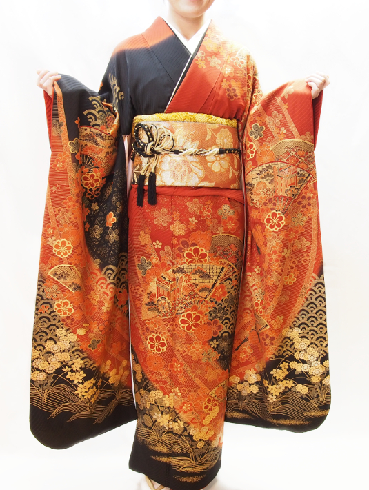 208正絹黒オレンジ花柄振袖 - 呉服下村屋 レンタル着物アシスト