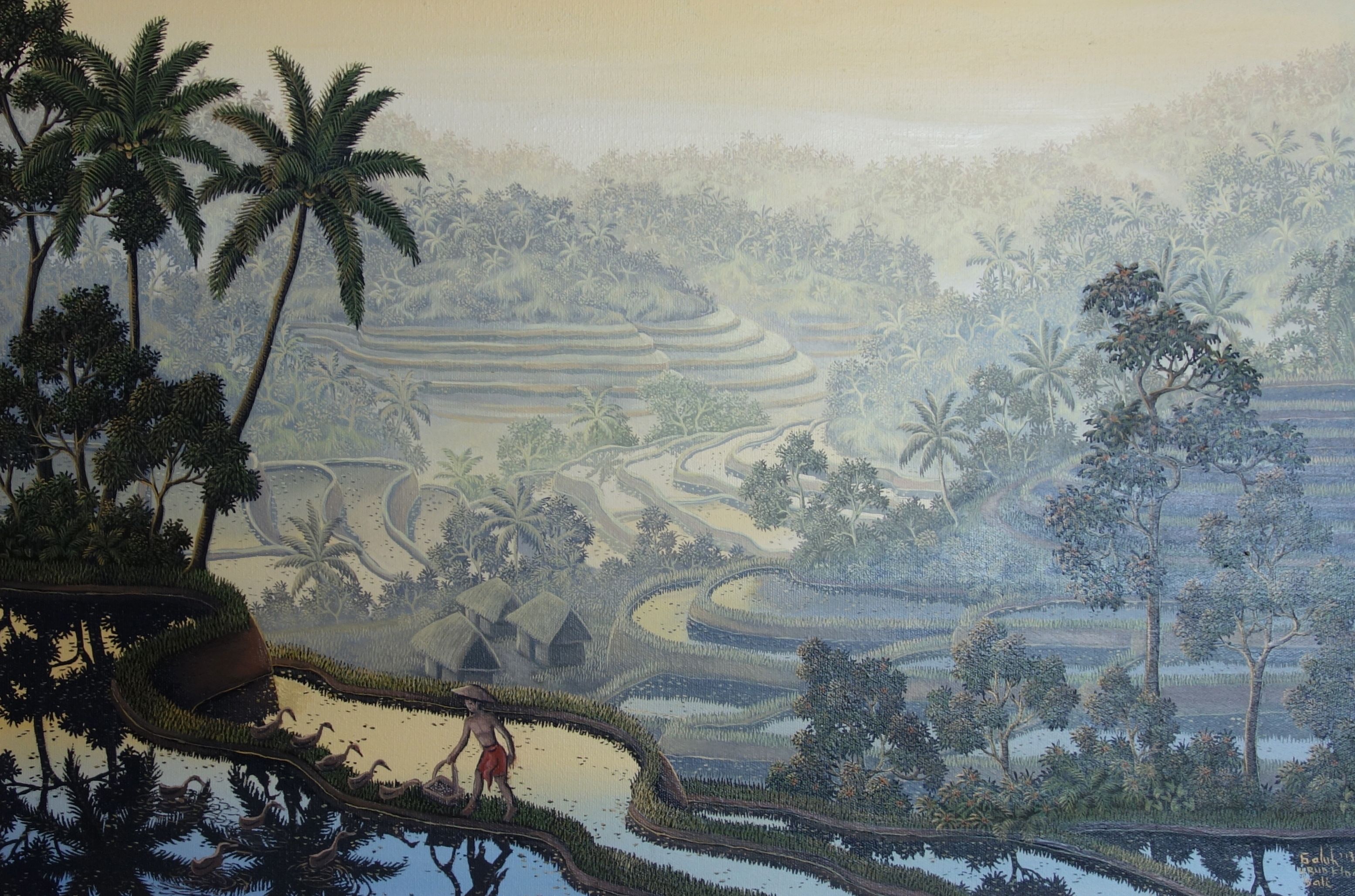 絵画熱帯の棚田風景油彩画