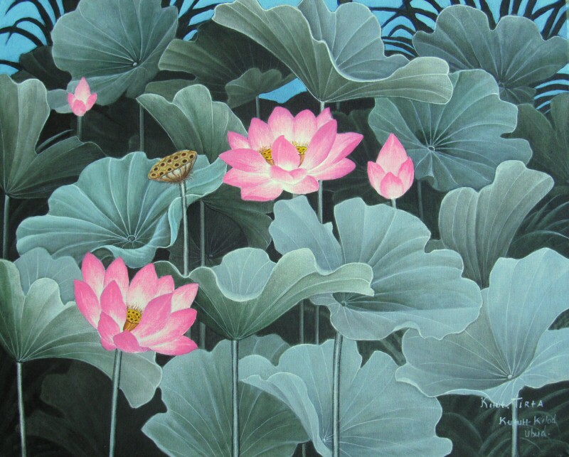 大サイズ！ロータス蓮の花と葉のリアリズム絵画 バリ島インドネシア