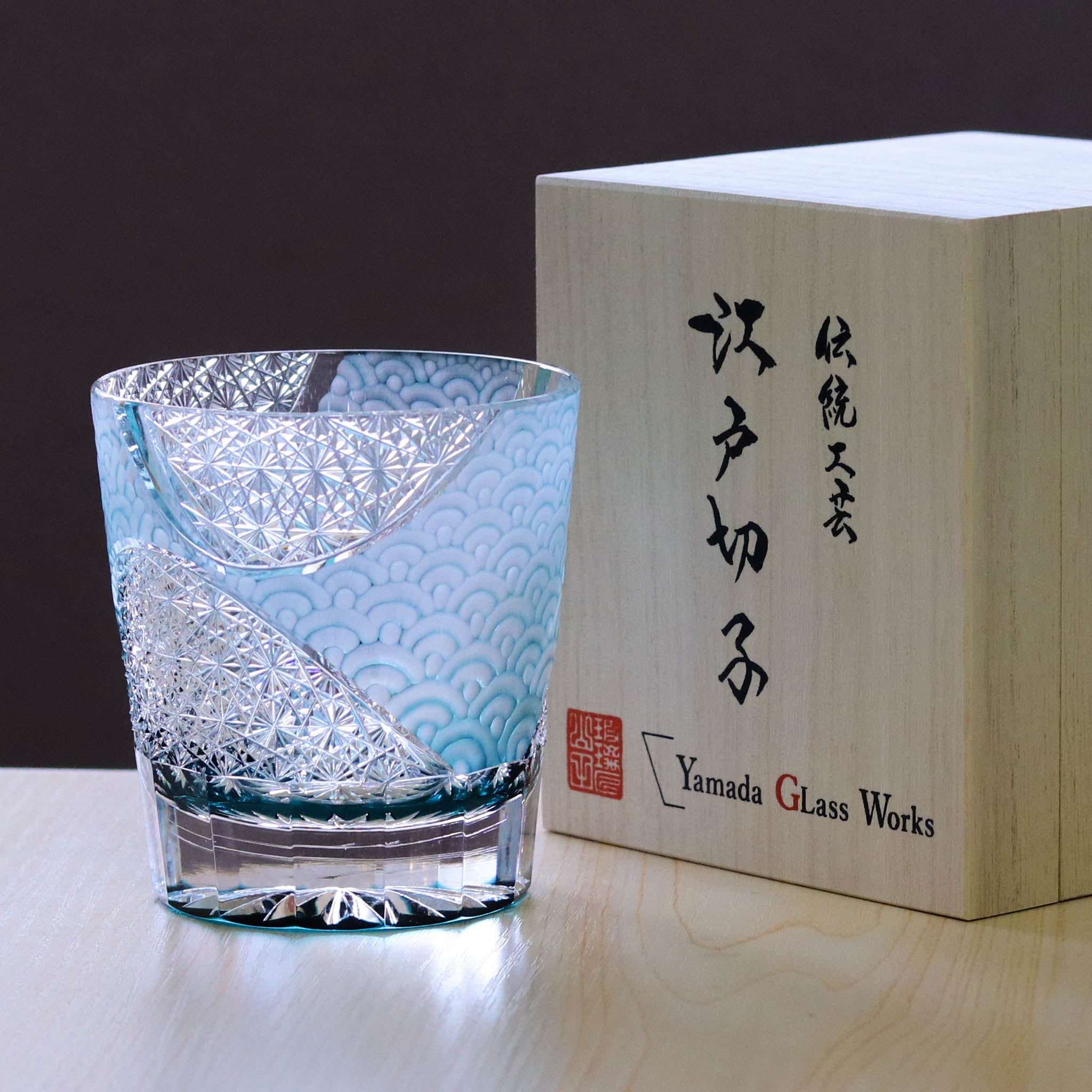 江戸切子 ロックグラス｜波動｜エメラルドグリーン｜山田硝子