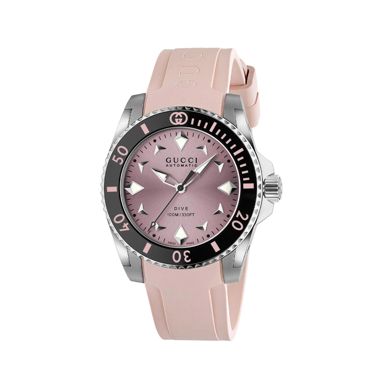 Gucci Dive 36mm Pink Dial Black Bezel Watch on Pink Rubber Strap
