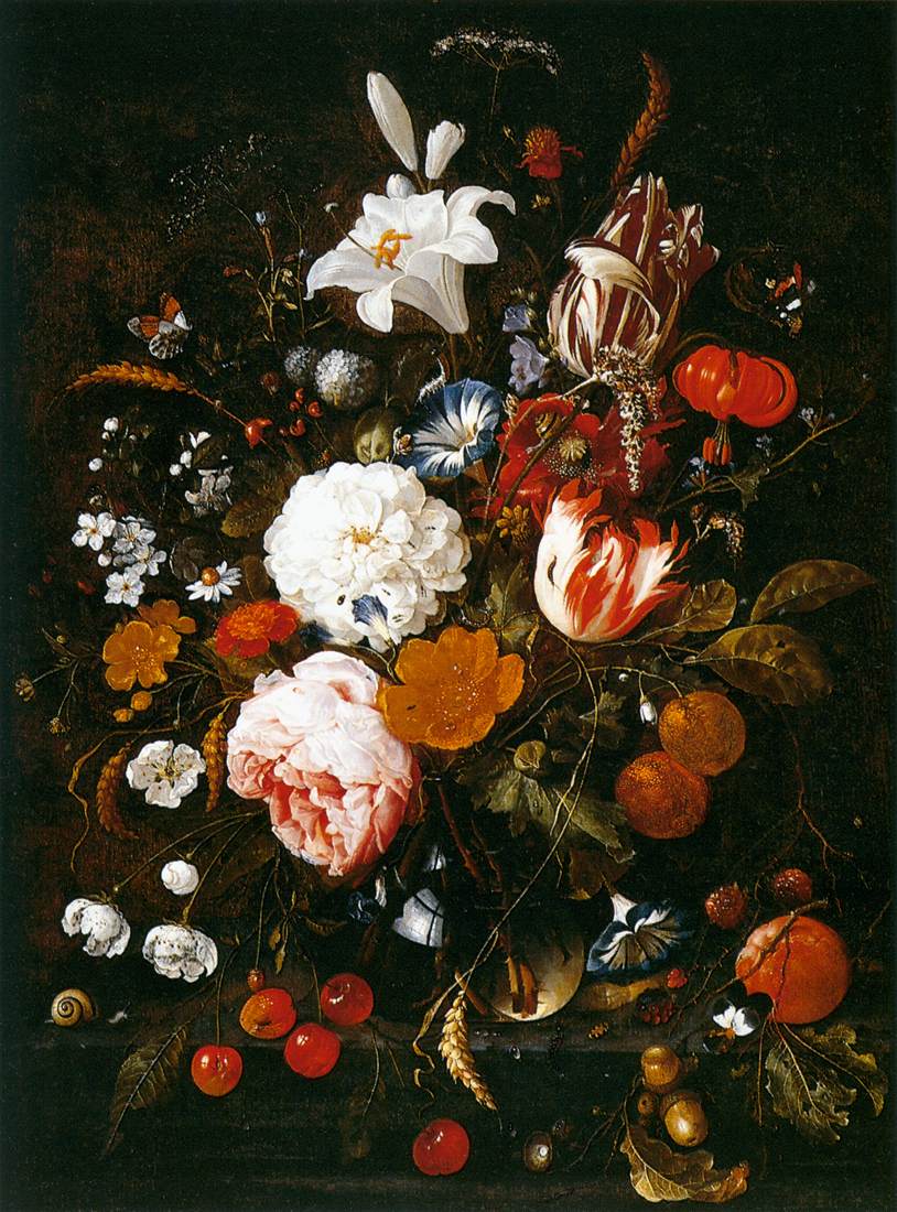 ガラスの花瓶に生けた花の静物画（油絵肉筆画）（680×680）