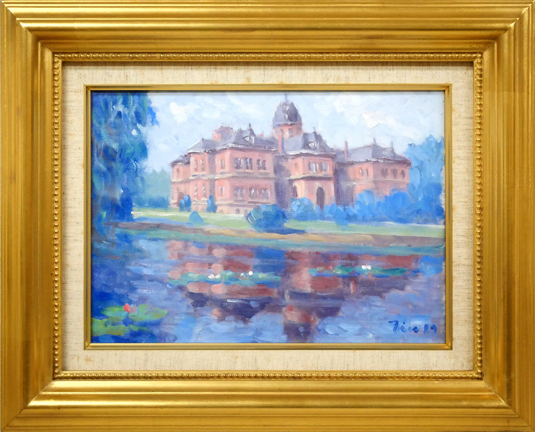 伊藤仁「北海道庁と池」油絵・F4号 絵画買取・販売の小竹美術