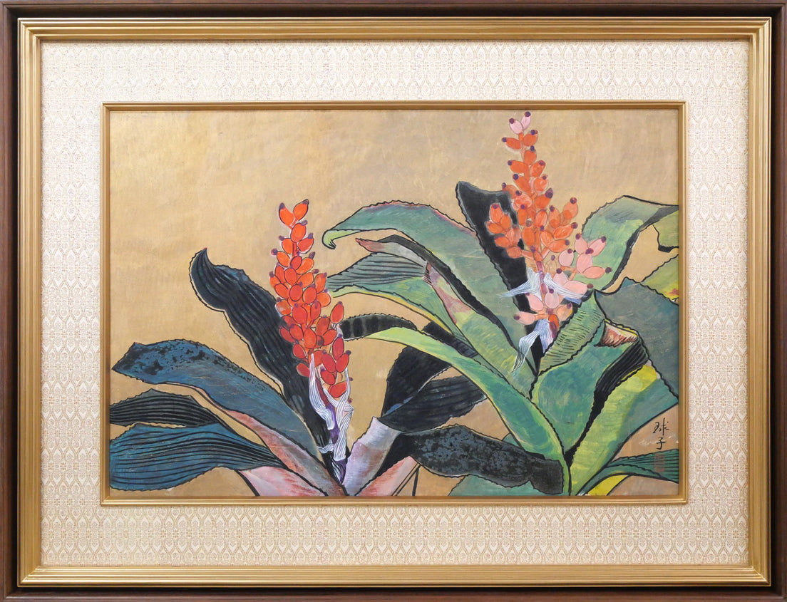 油絵 片岡球子 F6 【 梅花 】手描き 額付き 油絵 片岡球子 F6 【 梅花