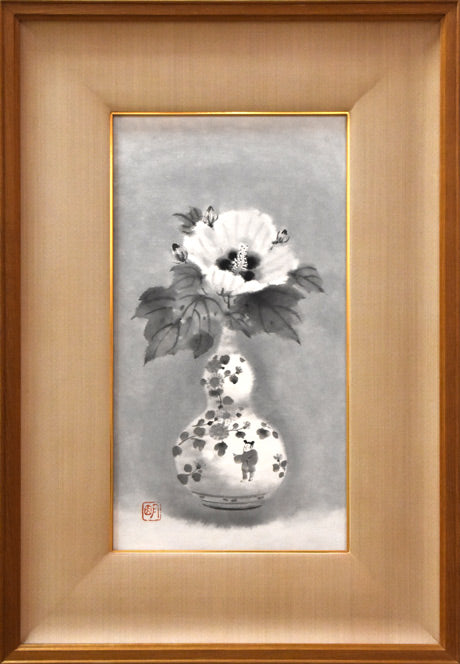 穐月明【芙蓉花】 水墨画 6号 共シール有り