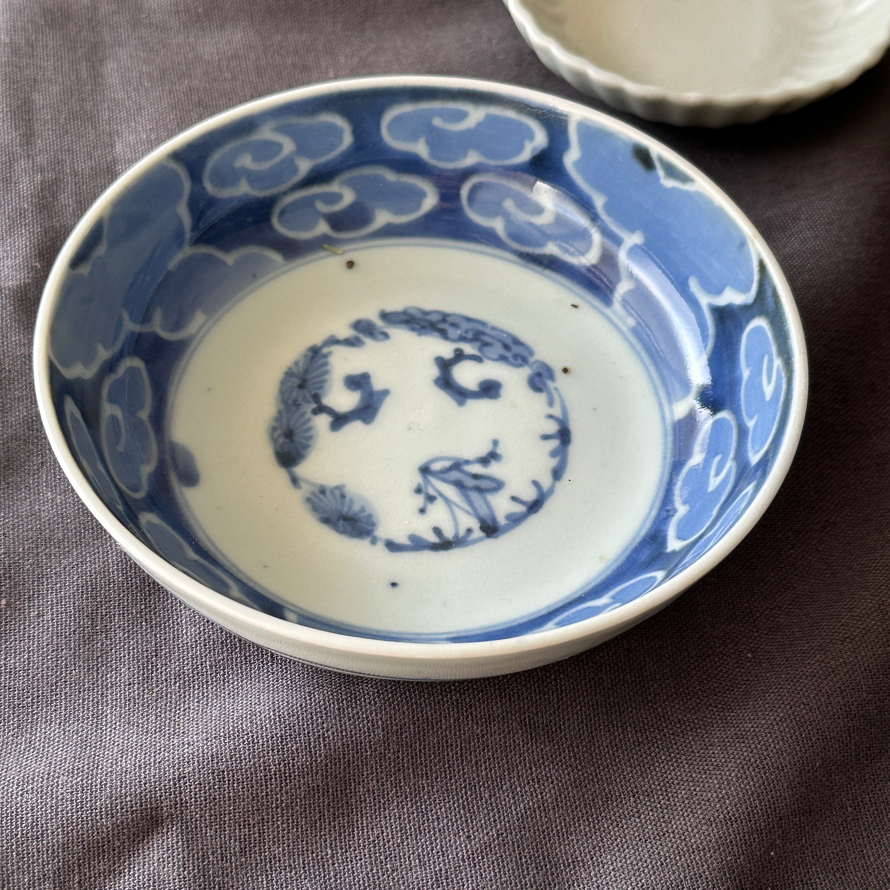 染付 なます皿 江戸 古伊万里 牡丹 松竹梅 窯印 線描 訳あり ニュウ