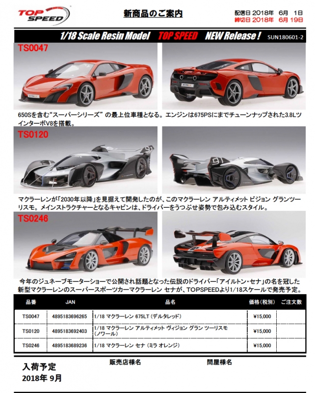 TOP SPEED (トップスピード)新製品予約案内 1/18 マクラーレン 675LT
