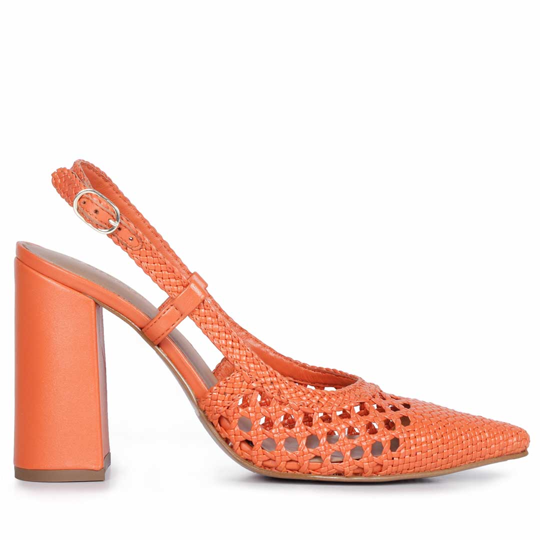 Saint Malea Orange Hand Woven Leather Block Heels – SaintG USA