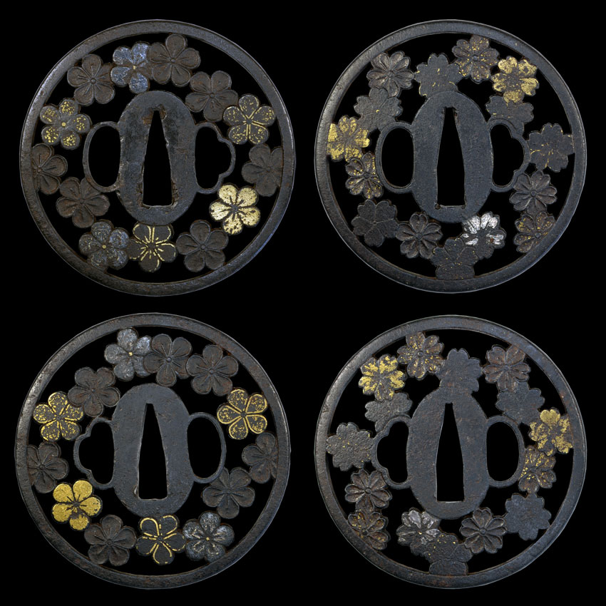 無銘 鉄地阿弥陀鑢桜梅透かし鐔 鍔 拵 日本刀 刀装具 骨董