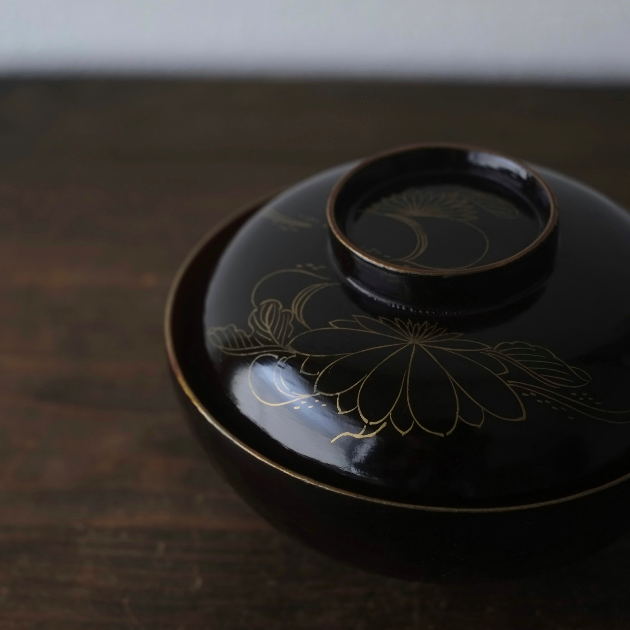 CK73 能登輪島塗 漆光堂謹製 流水菊 金蒔絵 黒塗吸物椀 九客 木箱 木製