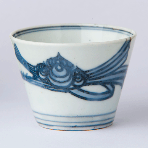 古伊万里色絵窓抜葡萄に栗鼠亀甲文そば猪口