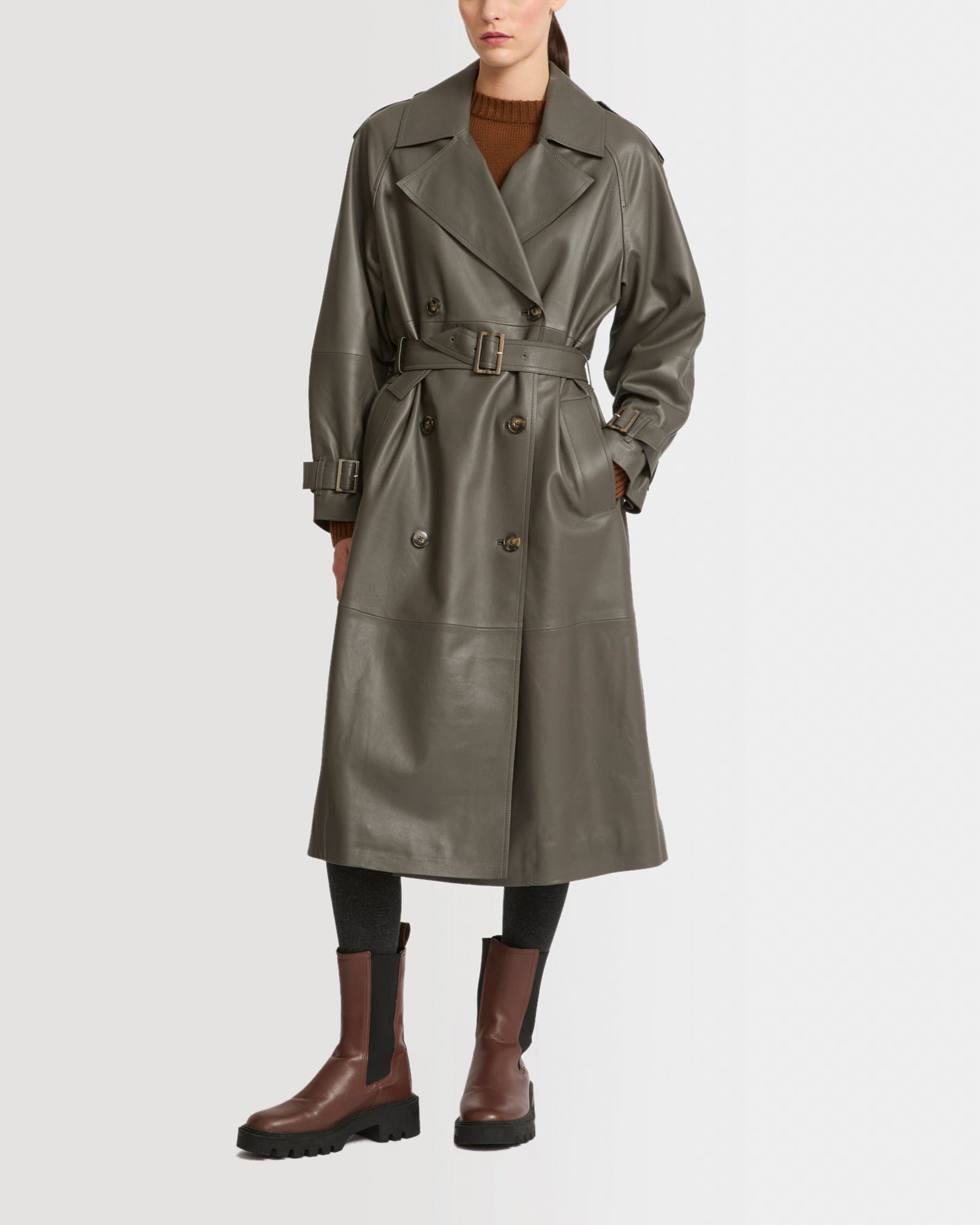 Long belted trench coat in lamb leather - grey - Winter sale