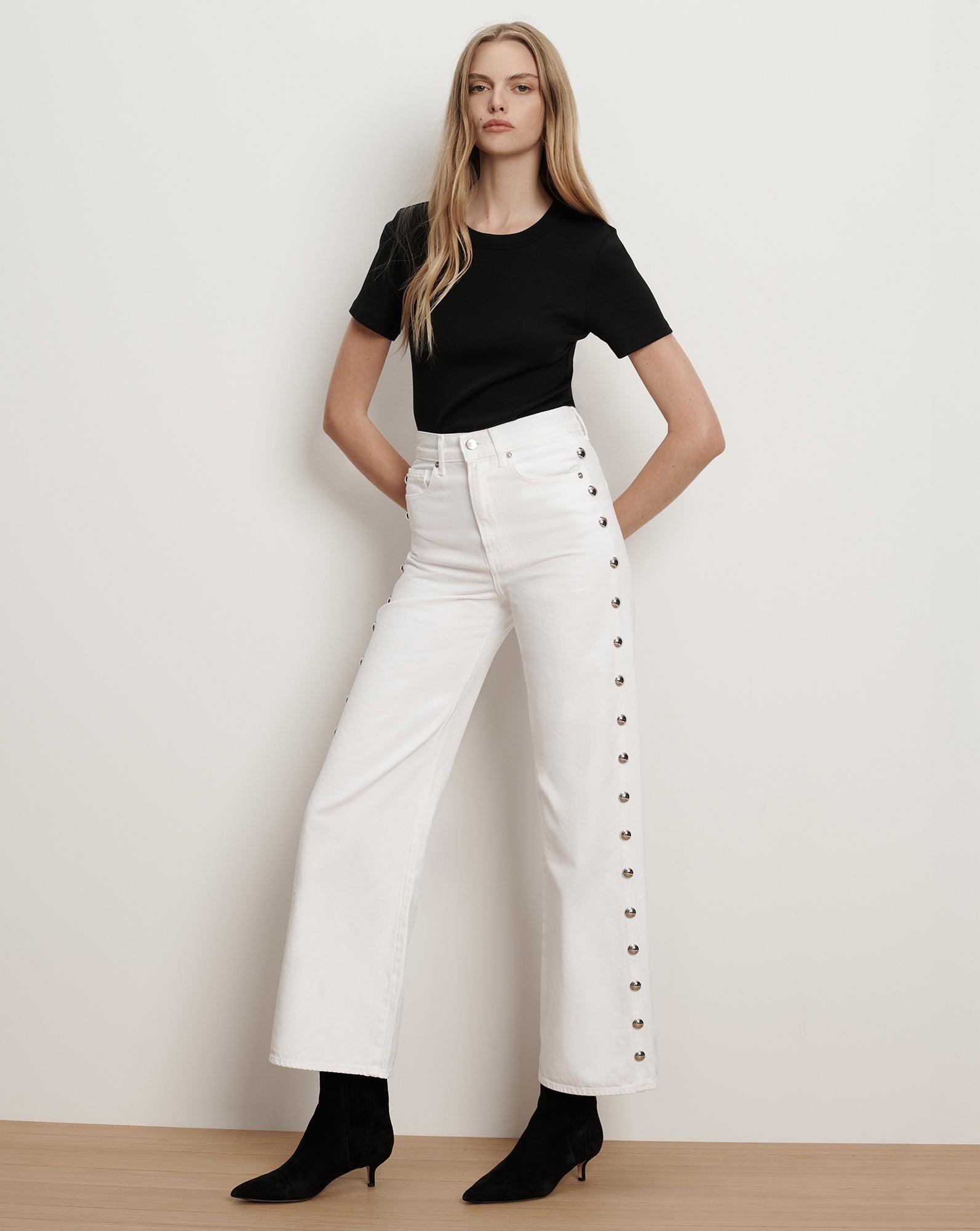 Taylor Studded Wide-Leg Jean in White | Veronica Beard