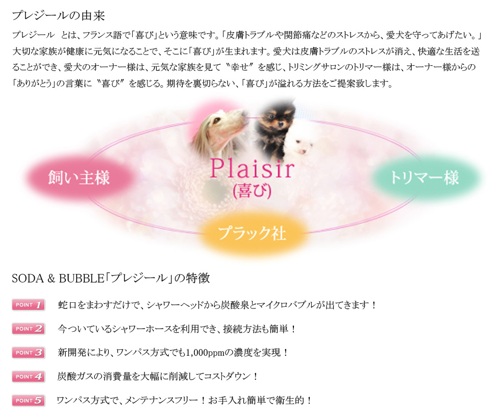 plaisir（プレジール）は、ペット専用の人工炭酸泉装置をご提案します。