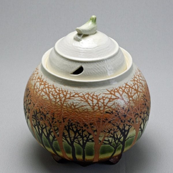 佐伯守美 象嵌釉彩樹林文香炉 共箱 ｜益子焼販売 善五