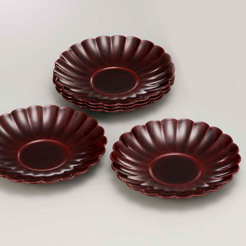 茶托(大) 五客 楕円 忠信浄錫 渡り 溜 菊彫茶托 五客セット –