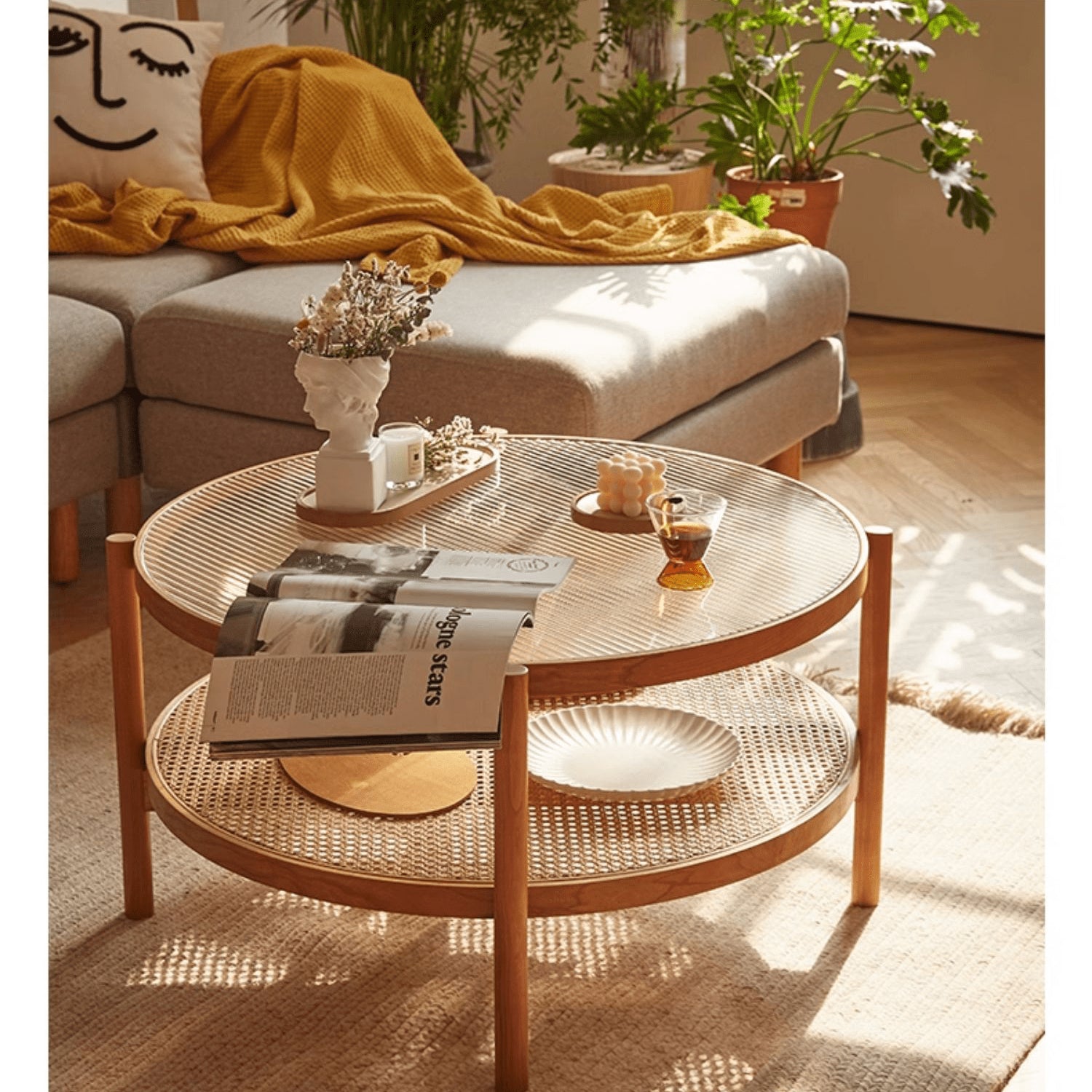 ヴィンテージ 丸ガラス ラタンテーブル 籐 人気 ラウンド コーヒー