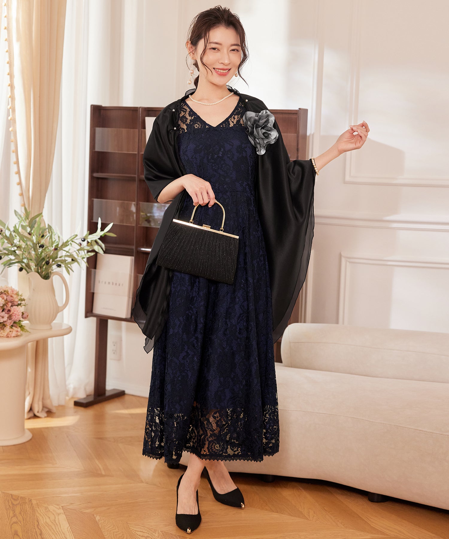 ブラック フラワー刺繍 マキシドレス ショール付き オリジナル