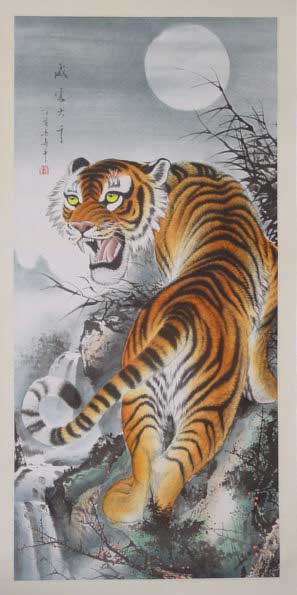 虎の掛軸 月と松の風景 とらの掛け軸 月下の猛虎/中国