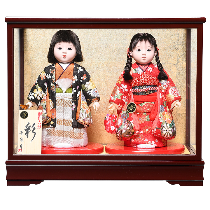7号京友禅夫婦木目込市松人形：マホガニー木製ケース：芳俊作｜人形の