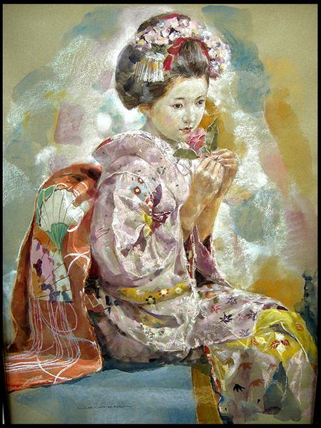 真作】絵画赤石文雄パステル画花筐華やぐ和の舞姿優雅な能舞X180