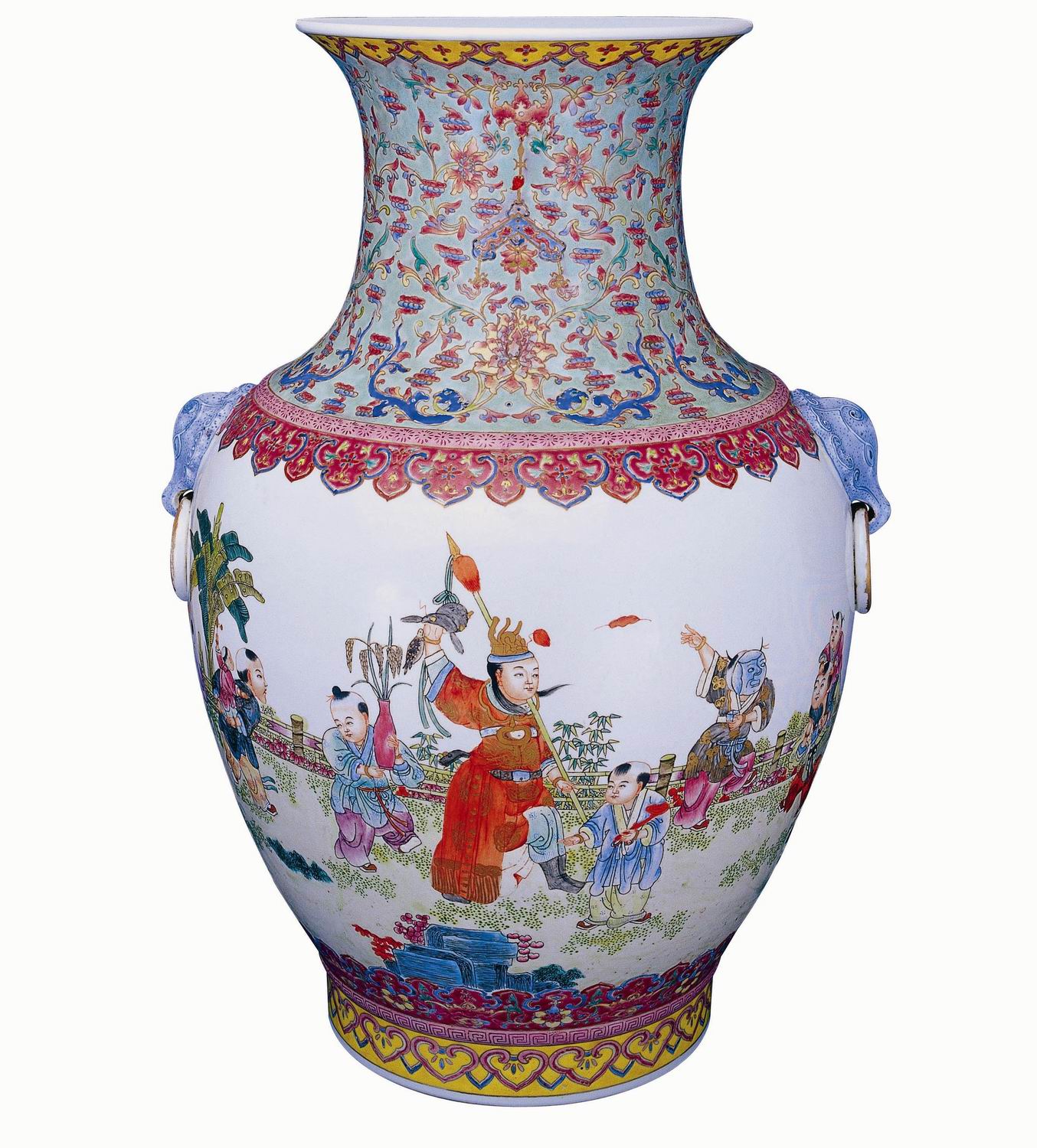 乾隆年製 粉彩 色絵 双耳 花卉人物瓶。年代物 乾隆年製 粉彩 色絵 双耳