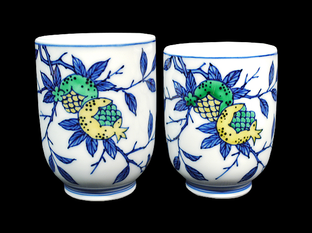 渋草焼 芳国舎 上丸文面取湯呑(フタ付） 渋草焼 芳国舎 上丸文面取湯呑