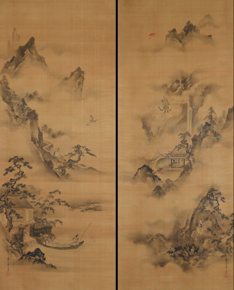 狩野探信 絹本着色 七福神之図 軸先木 合箱 掛軸一幅