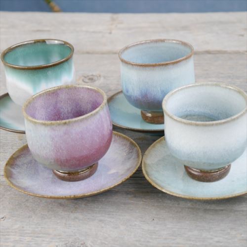 上野焼/庚申窯/湯呑み 茶托セット 茶茶（ささ）/辰砂/Φ6.5 X H6.3