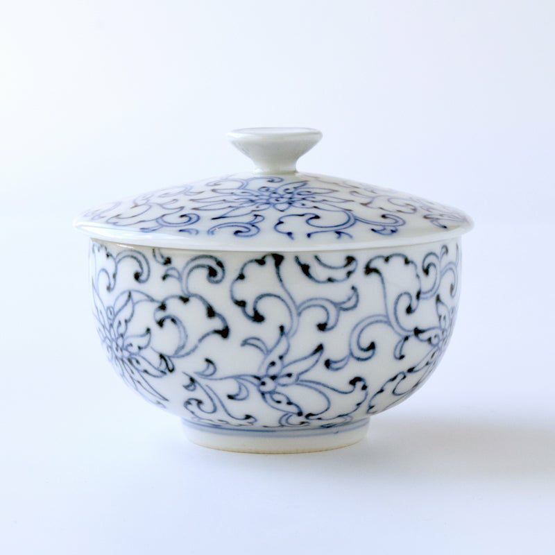 茶碗□鉢 古い染付 鷺（さぎ） 花唐草 お茶道具 菓子器 古玩