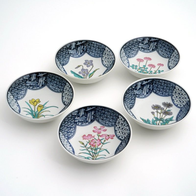 A903-2/青花菊華枝文/浅鉢揃/小鉢/飾鉢/銘々皿/5客/
