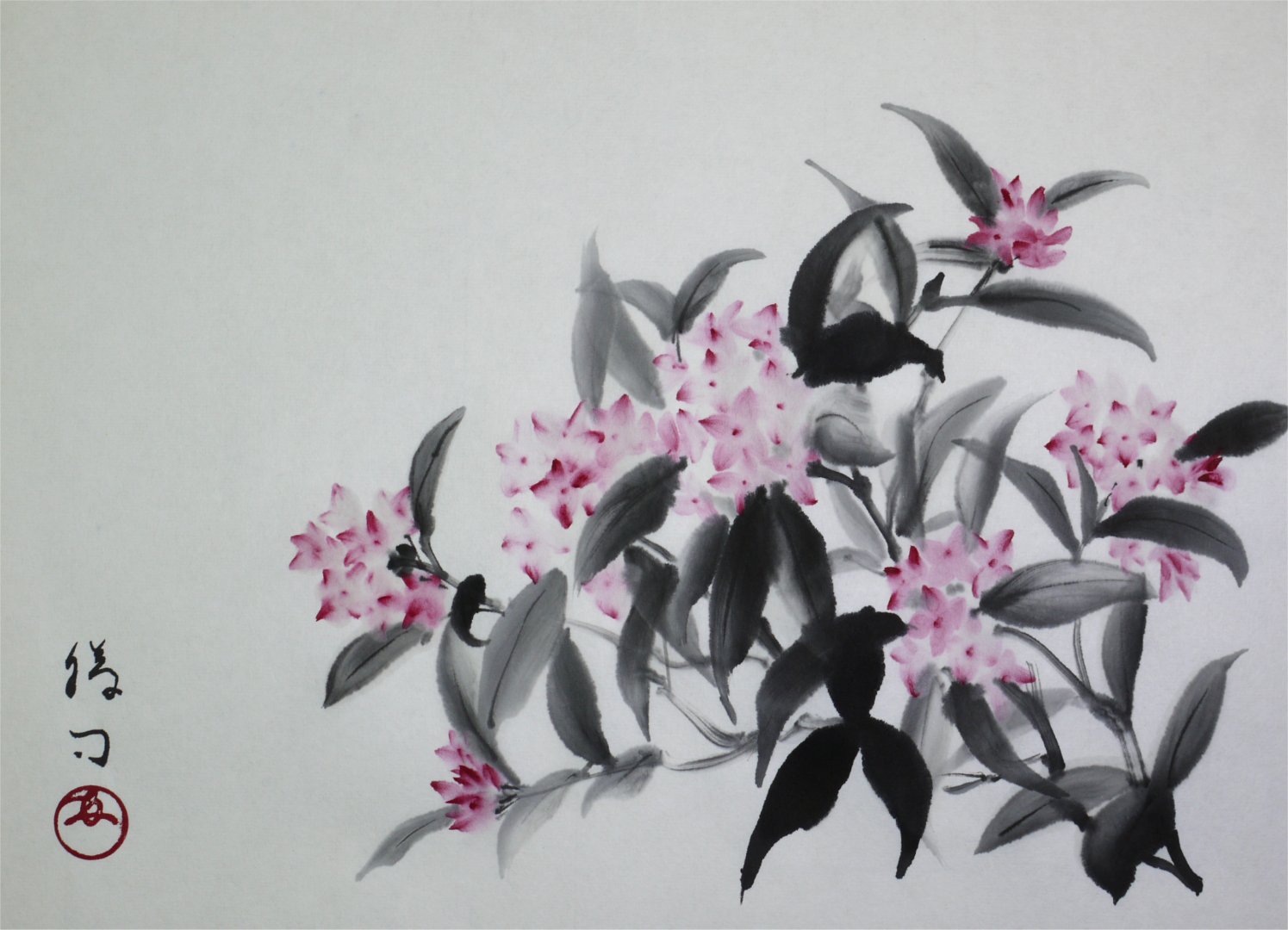 水墨画（彩墨画）「沈丁花」福田勝司 筆 | 水墨画・達風 色彩のある