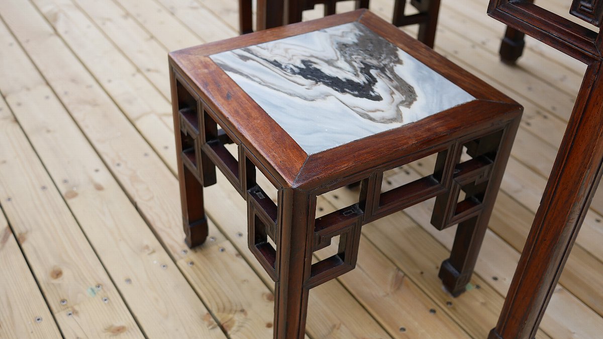 ヴィンテージ中国家具 大理石天板紅木テーブルセット (3点セット