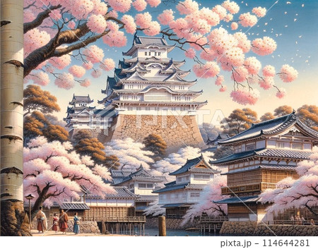 桜と姫路城の風景画 屏風式 日本画 1995年 桜と姫路城の風景画 屏風式