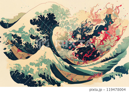 浮世絵風 波と魚のアート作品 絵画