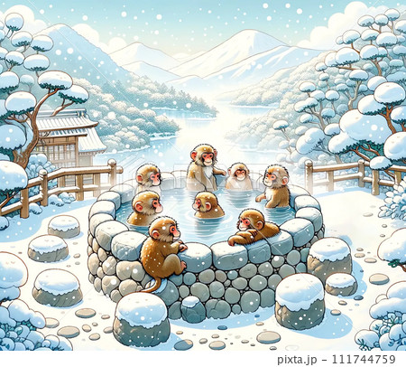スノーモンキーのイラスト。日本の野生の猿が露天風呂の温泉に入って