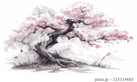 水墨画 山水風景 漁師 桜の木 水墨画 山水風景 漁師 桜の木 水墨画