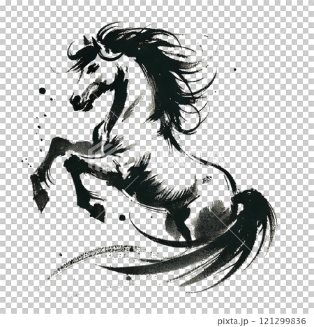 水墨画 馬と女性の絵画 水墨画 馬と女性の絵画 水彩画 暴れ馬 絵画