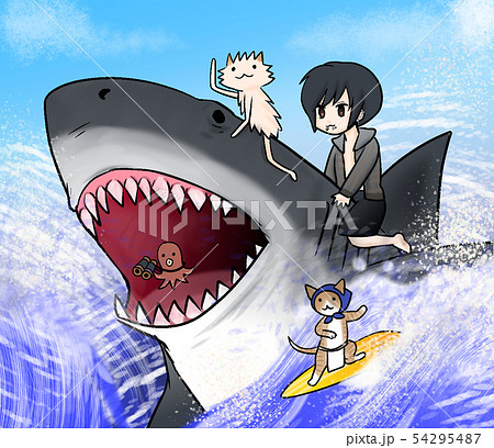 海でサメと戯れる（波乗り）のイラスト素材 [54295487] - PIXTA