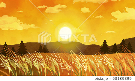 綺麗な夕日とススキの風景イラストのイラスト素材 [68139899] - PIXTA
