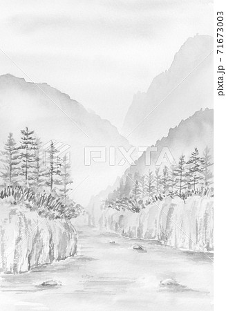 墨絵 水墨画 山水画 【厚浦】 山と木と水の風景 水墨画 墨絵 山水画